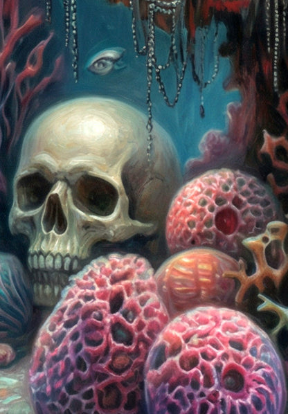 Gedrucktes Poster einer dunklen Meerjungfrau mit rosa Haaren, schwarzem Korsett, Korallen und Totenschädel in geheimnisvoller Unterwasserkulisse. Detailsansicht