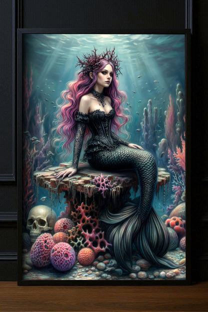Gedrucktes Poster mit dunkler Meerjungfrau, schwarzem Korsett, rosa Haaren, Korallen und Totenschädel in einer mystischen Unterwasserwelt.
