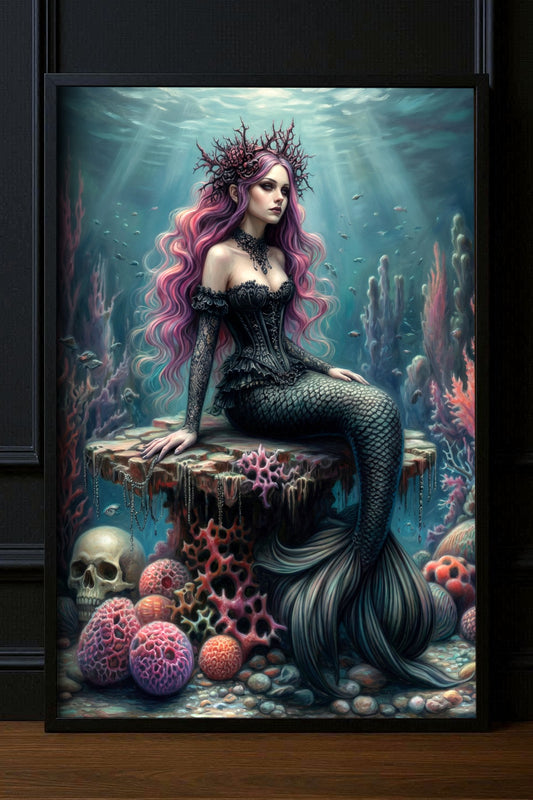 Gedrucktes Poster mit dunkler Meerjungfrau, schwarzem Korsett, rosa Haaren, Korallen und Totenschädel in einer mystischen Unterwasserwelt.