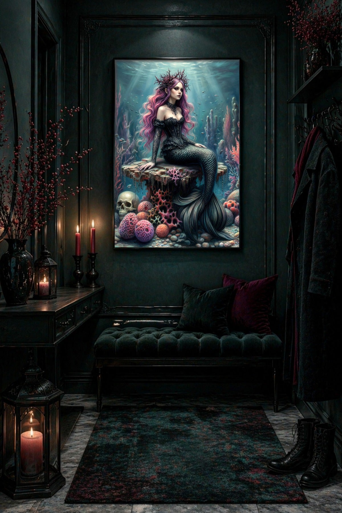 Gedrucktes Unterwasserposter mit dunkler Meerjungfrau, schwarzem Korsett, schimmernder Flosse, rosa Haaren und dekorativen Korallen. Poster hängt im Flur