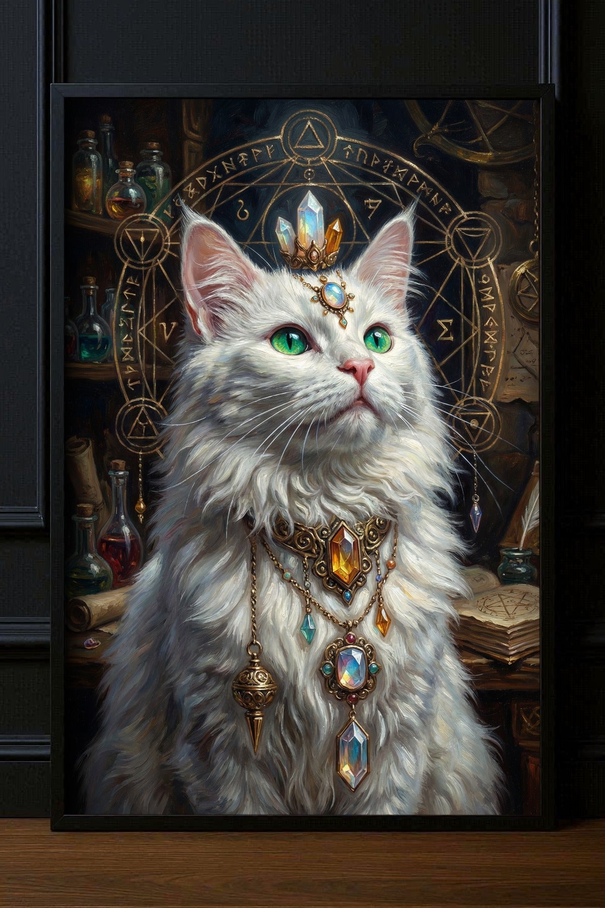 Hochwertiger Kunstdruck einer weißen Katze mit smaragdgrünen Augen, Edelsteinkrone und goldenem Alchemie-Zirkel im Hintergrund. Mystische Fantasy-Wandkunst für spirituelle Deko.