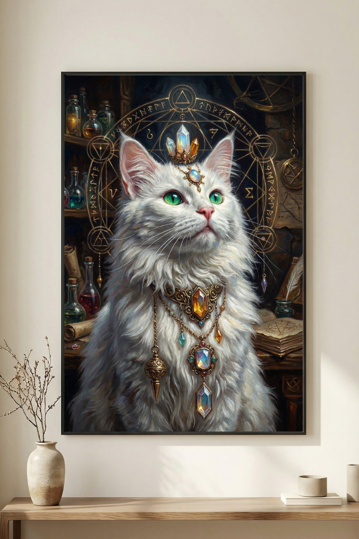 Mystischer Kunstdruck mit weißer Katze, smaragdgrünen Augen, Edelsteinkrone und goldenem Alchemie-Zirkel als spirituelle Fantasy-Wandkunst.