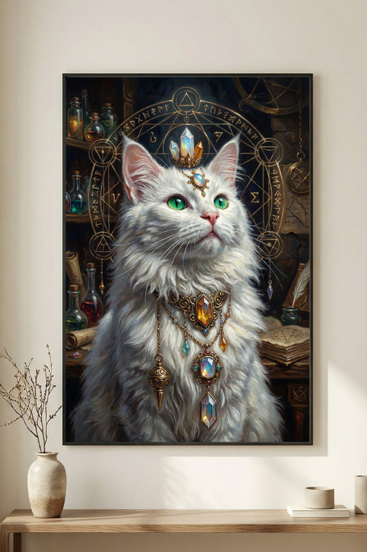 Mystischer Kunstdruck mit weißer Katze, smaragdgrünen Augen, Edelsteinkrone und goldenem Alchemie-Zirkel als spirituelle Fantasy-Wandkunst.