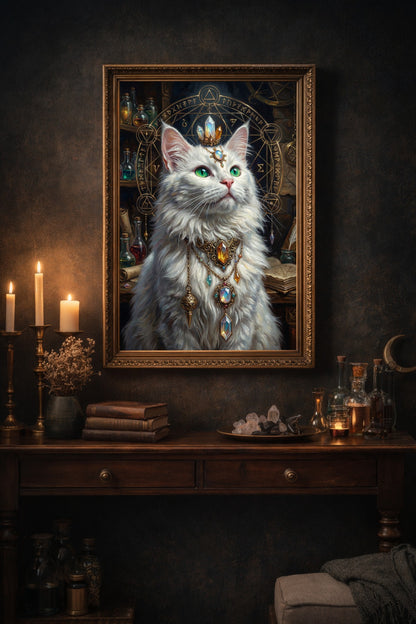 Fantasy-Wandbild mit weißer Katze, grünen Augen, kostbarer Edelsteinkrone und goldenem Alchemie-Symbol im dunklen Hintergrund.