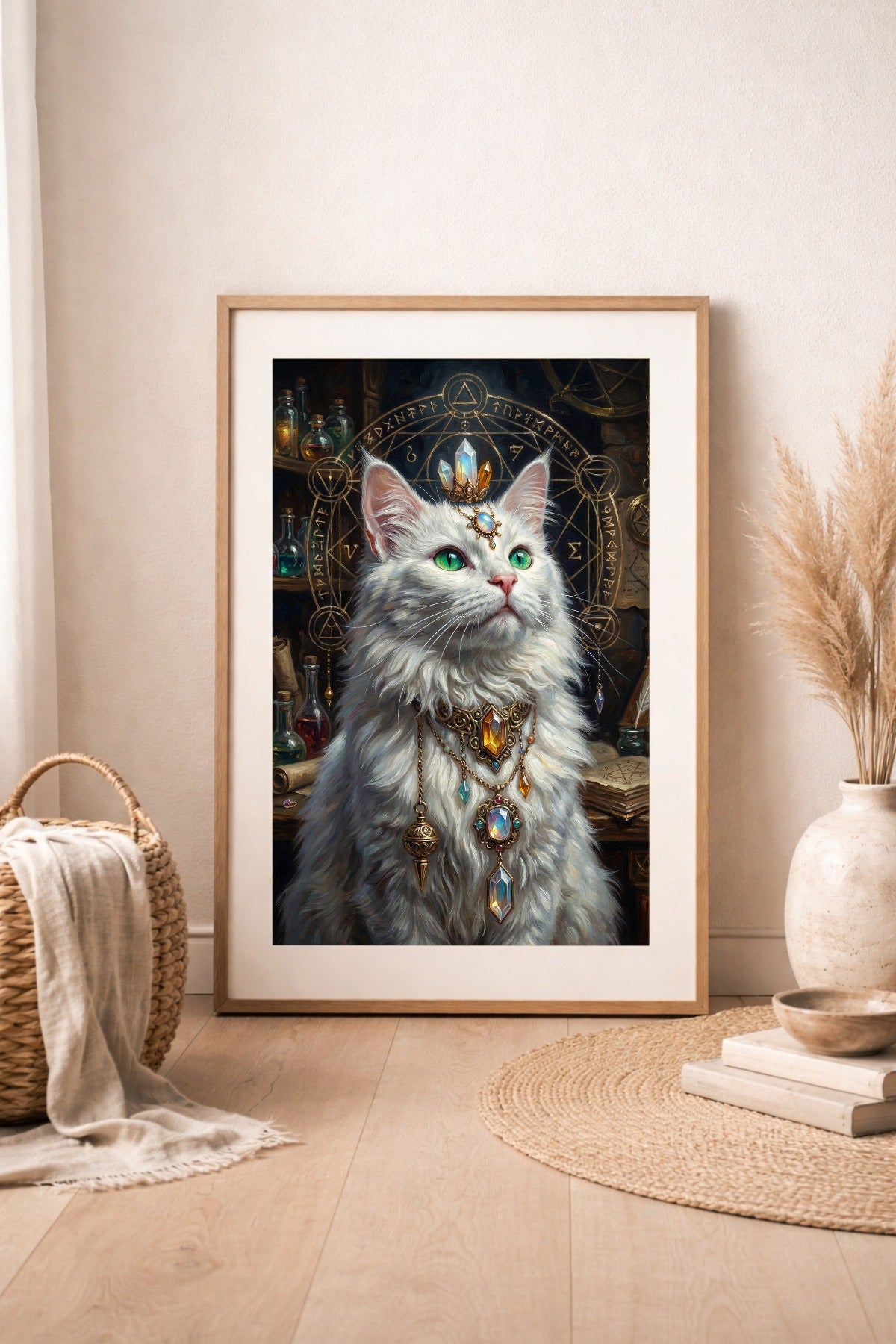 Spirituelle Wandkunst mit weißer Katze, leuchtend grünen Augen, Edelsteinschmuck und goldenem Alchemie-Zirkel in magischer Fantasy-Optik.