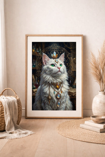 Spirituelle Wandkunst mit weißer Katze, leuchtend grünen Augen, Edelsteinschmuck und goldenem Alchemie-Zirkel in magischer Fantasy-Optik.