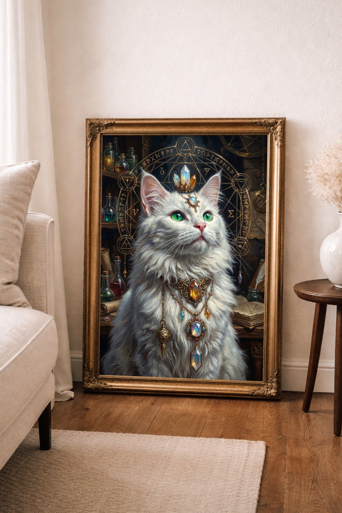 Dekorativer Kunstdruck einer weißen Katze mit smaragdgrünen Augen, edler Krone und goldenem Alchemie-Kreis für mystische Wohnräume.