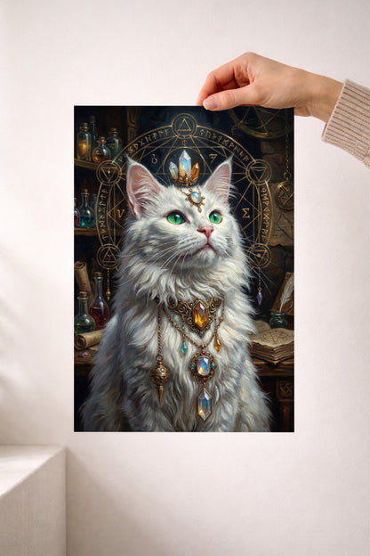 Magisches Katzen-Wandbild mit weißer Katze, intensiven grünen Augen, Edelsteinkrone und goldenem Symbolkreis im Fantasy-Stil.