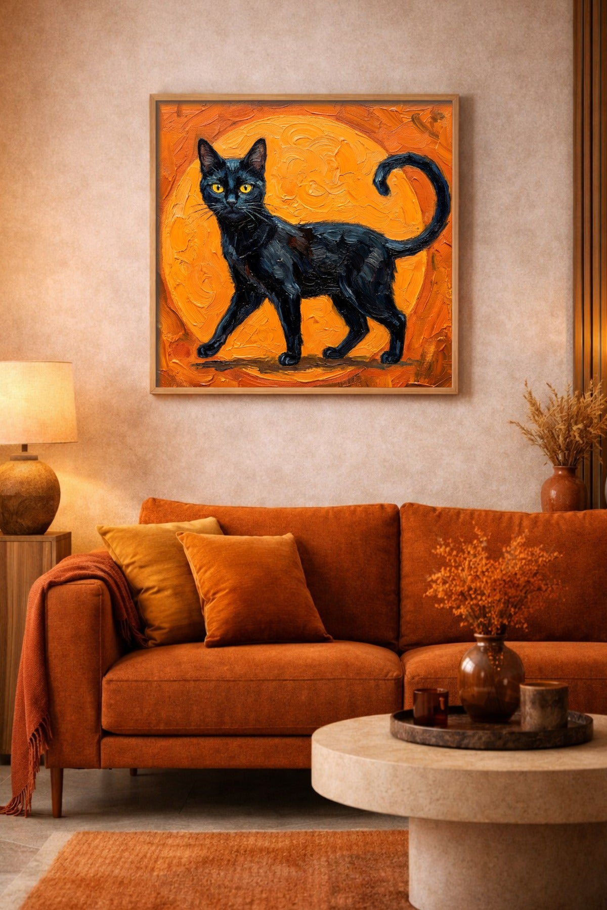 Schwarze Katze als quadratisches Poster mit gelben Augen und warmem Orange im Hintergrund, ideal für Witchy Decor und stimmungsvolle Wandkunst.