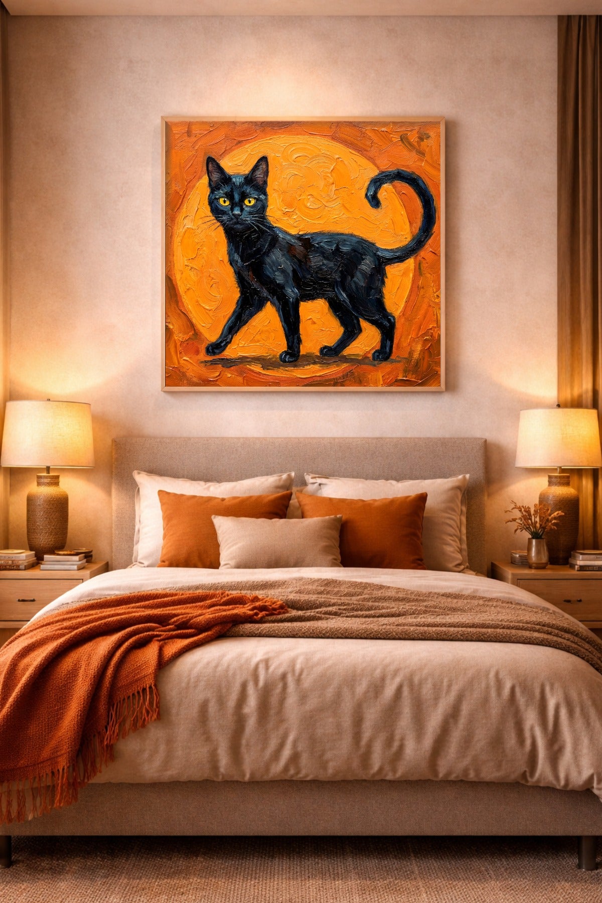 Modernes quadratisches Katzenposter mit schwarzer Katze, kräftigem Orange und malerischer Textur, dekorativ und leicht geheimnisvoll im Ausdruck.