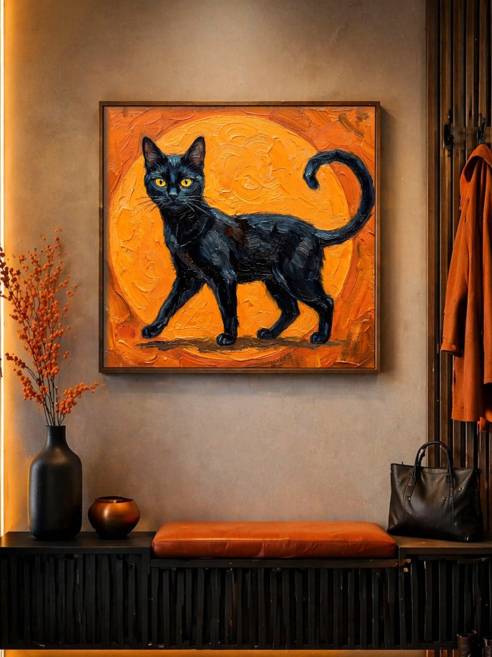 Schwarze Katze mit gelben Augen vor orangefarbenem Hintergrund als Moody Wall Art Poster für Witchy Decor.