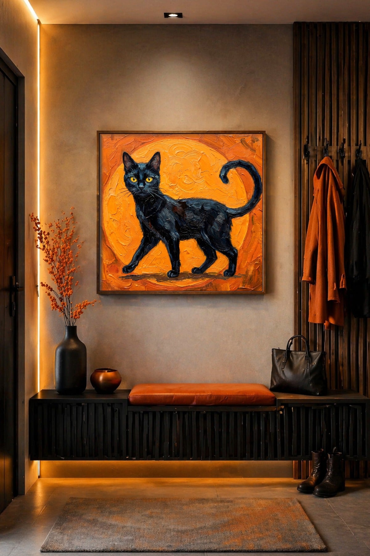 Schwarze Katze mit leuchtend gelben Augen auf orangefarbenem Hintergrund, gestaltet als Witchy Decor Poster und atmosphärische Wanddeko.