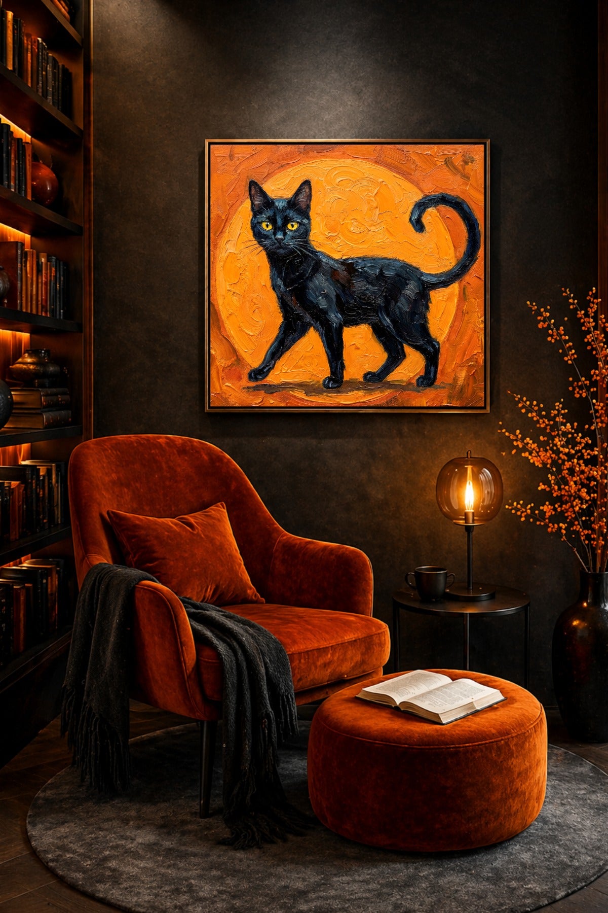 Quadratisches Moody Wall Art Poster mit schwarzer Katze, gelben Augen und intensivem Orange, passend für Witchy Decor und moderne Katzenkunst.