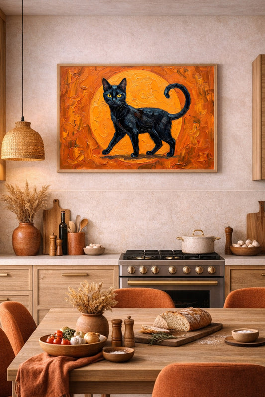 Digitales Poster mit schwarzer Katze auf kräftig orangefarbenem Hintergrund in einer warm eingerichteten Küche