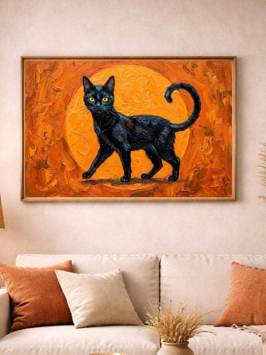 Digitales Katzenposter mit schwarzer Katze, gelben Augen und sichtbarer malerischer Struktur auf orangefarbenem Hintergrund