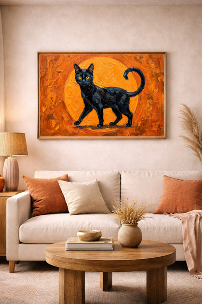 Digitales Querformat-Poster mit schwarzer Katze, gelben Augen und orangefarbenem, strukturiert gemaltem Hintergrund im modernen Stil.