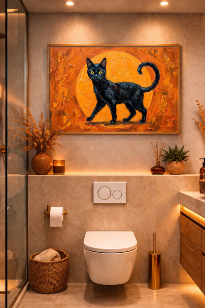 Schwarze Katze vor orangefarbenem, malerischem Hintergrund mit gelben Augen als stilvolles digitales Katzenposter im Querformat.