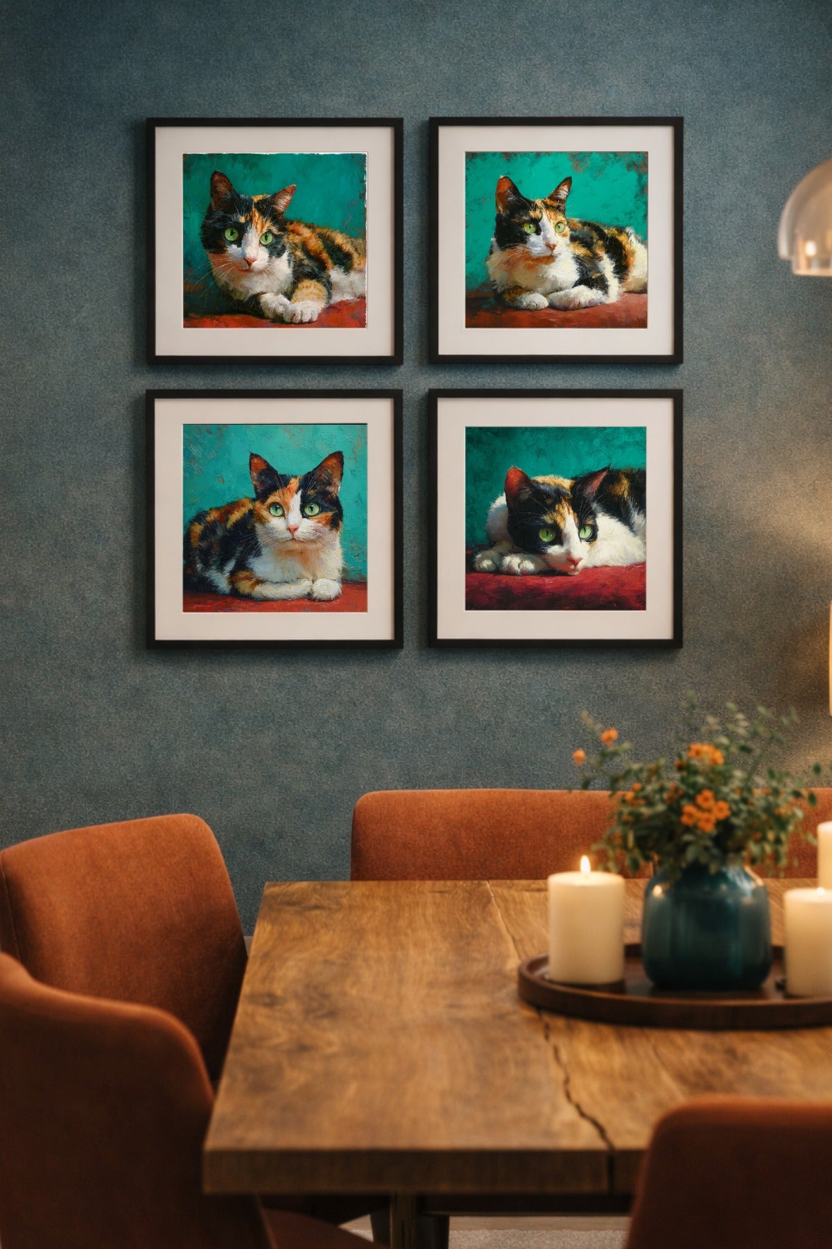 Modernes Poster Katze Set mit vier Kaliko-Katzen auf türkisfarbenem Hintergrund, roter Liegefläche und malerischer Texturwirkung.