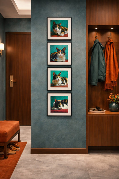Dekoratives Katzenposter Set mit vier Kaliko-Katzen, ruhigem Blick, grünen Augen und moderner, strukturierter Malerei für stilvolle Wohnräume.