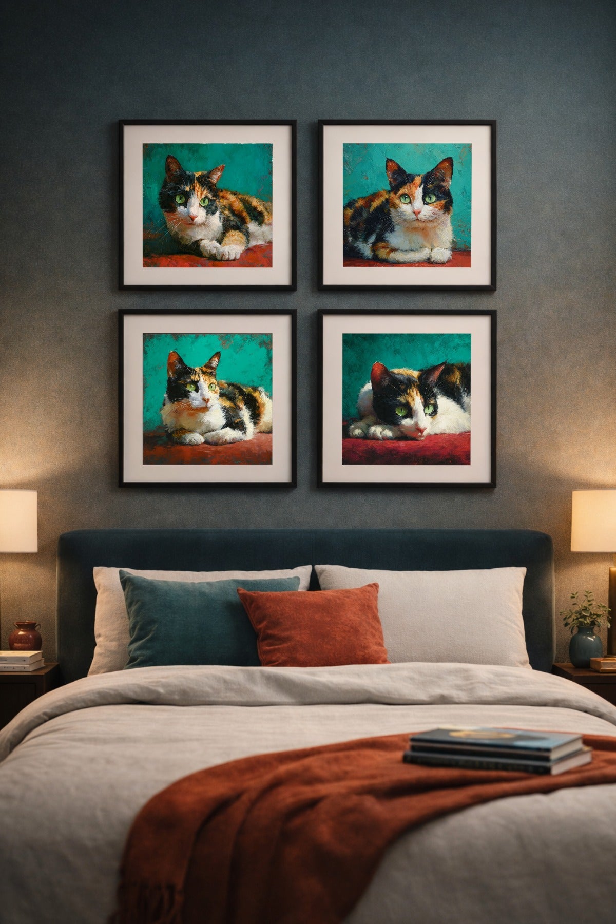 Katzenposter Set mit vier gemalten Kaliko-Katzen, intensiven grünen Augen und kontrastreichem Fell in Schwarz, Weiß und Orange.
