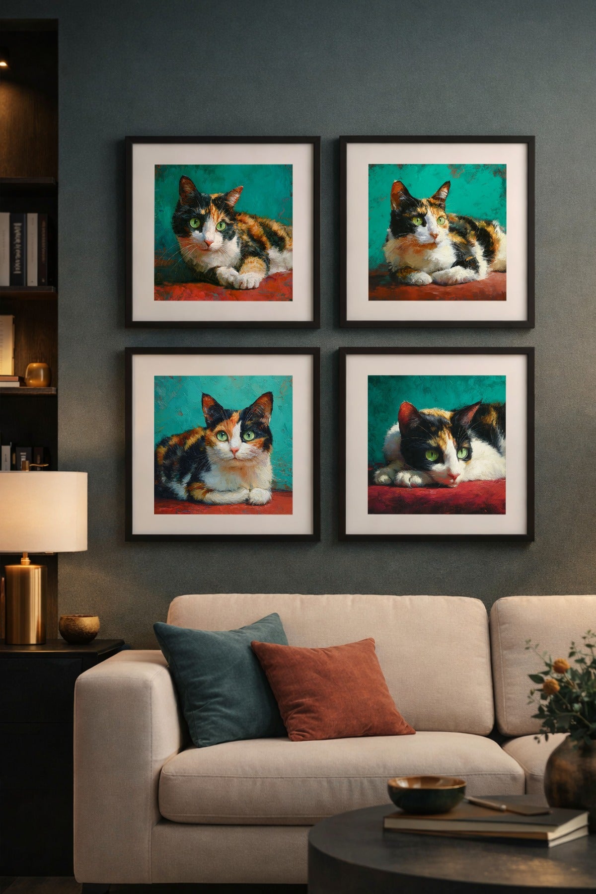 Poster Set Katze Digital – Kaliko Katze mit grünen Augen als Wandbild-Serie