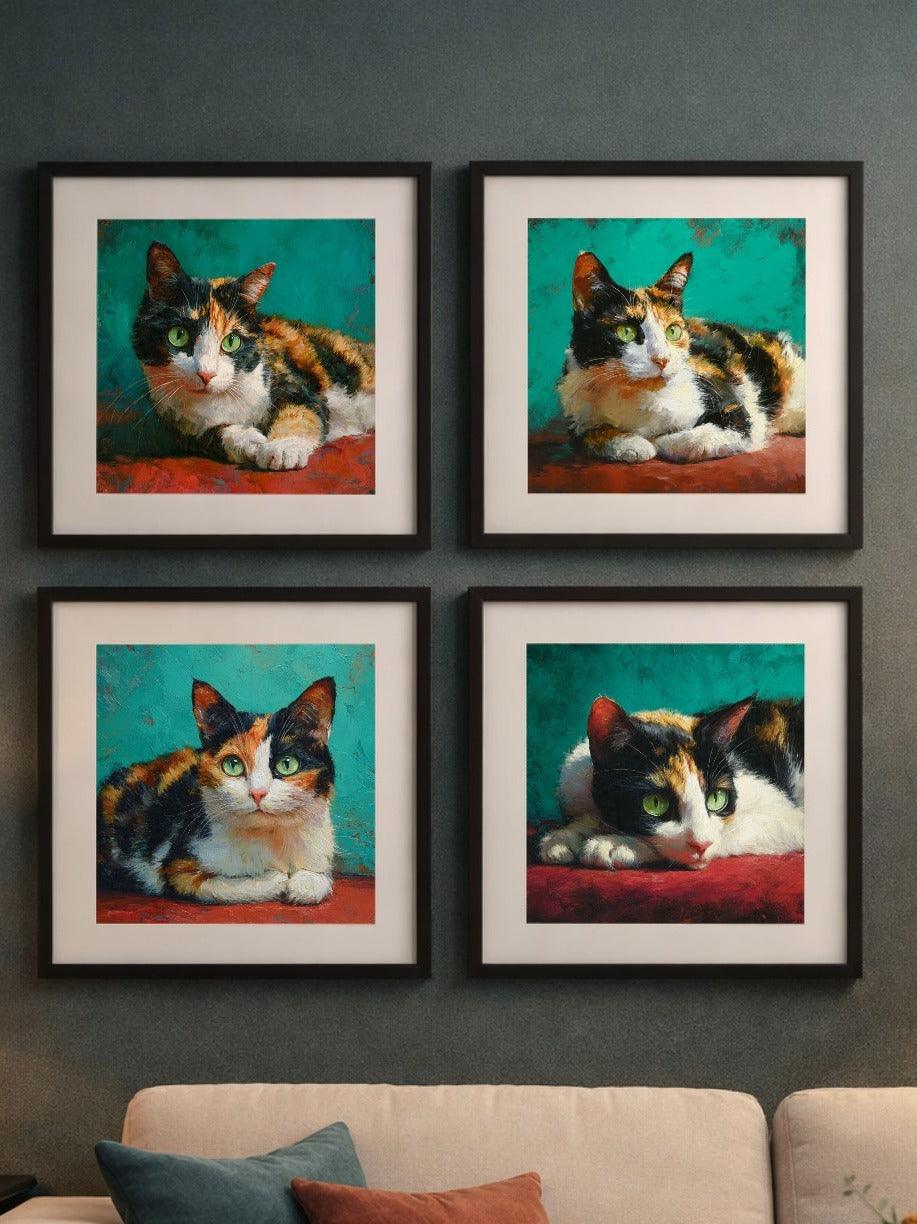 Poster Katze Set mit vier Kaliko-Katzen, leuchtend grünen Augen, türkisfarbenem Hintergrund und roter Liegefläche in moderner, texturreicher Malweise.