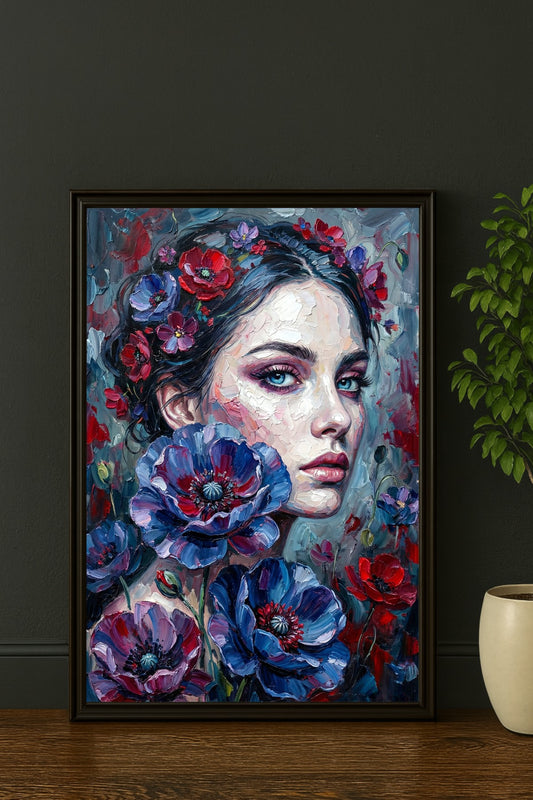 Digitales Moody Floral Poster mit Frauenporträt, blauen Augen und roten sowie blauen Blumen in einem schwarzen Rahmen