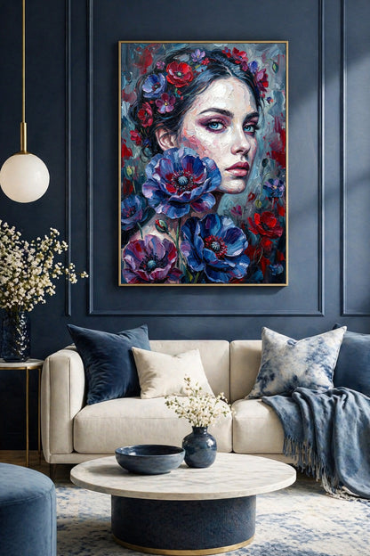 Moody Floral Frauenporträt als digitales Wandbild über hellem Sofa in einem Wohnzimmer mit dunkelblauer Wand