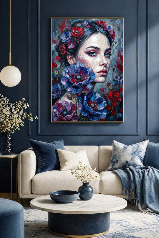 Moody Floral Frauenporträt als digitales Wandbild über hellem Sofa in einem Wohnzimmer mit dunkelblauer Wand