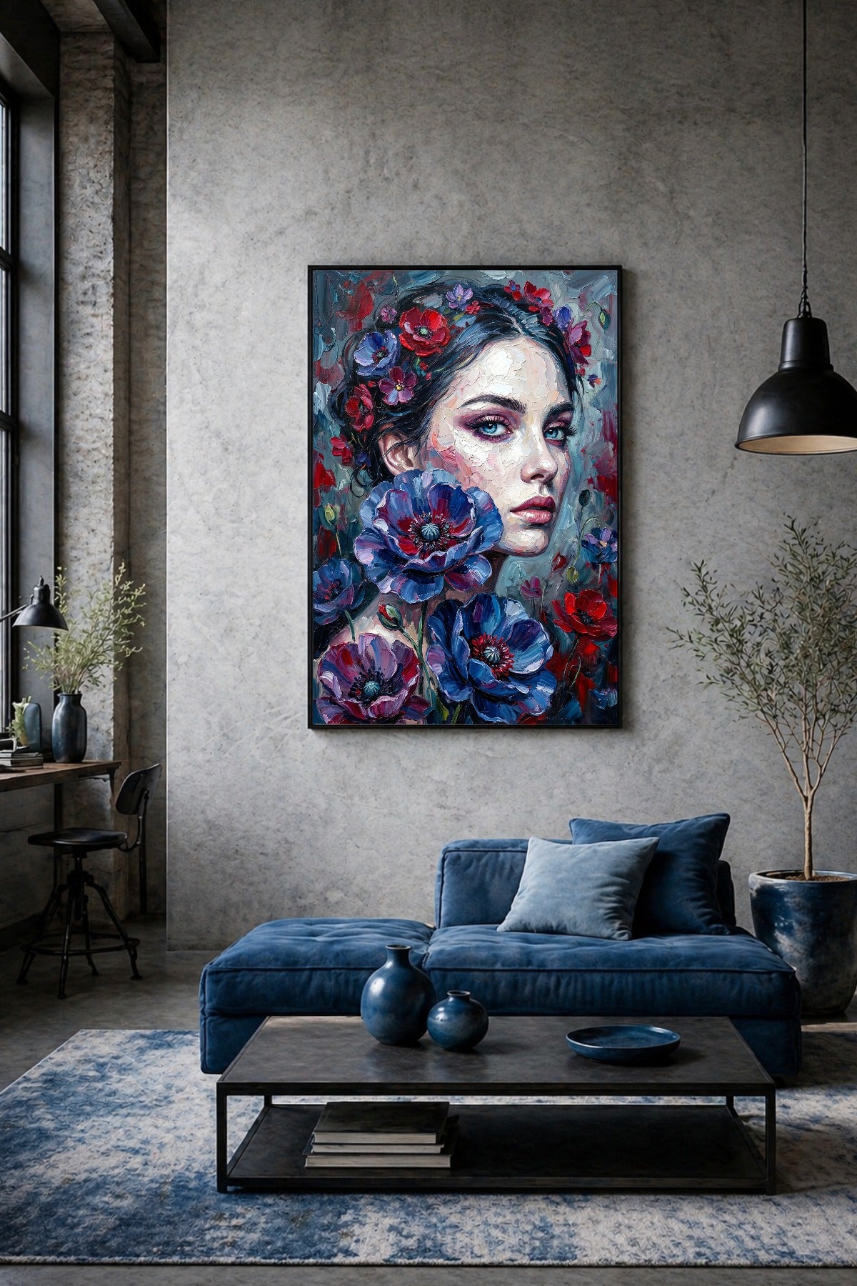 Digitales Frauenporträt Poster mit großen blauen und roten Blumen als farbstarker Akzent in einem modernen Wohnzimmer