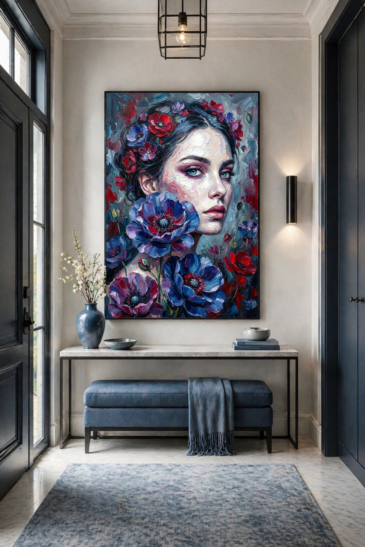 Moody Floral Poster mit Frauenporträt, dunklen Blumen und kühlen Blautönen als Wandbild über einer Konsole im Flur