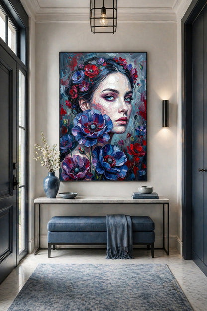 Moody Floral Poster mit Frauenporträt, dunklen Blumen und kühlen Blautönen als Wandbild über einer Konsole im Flur