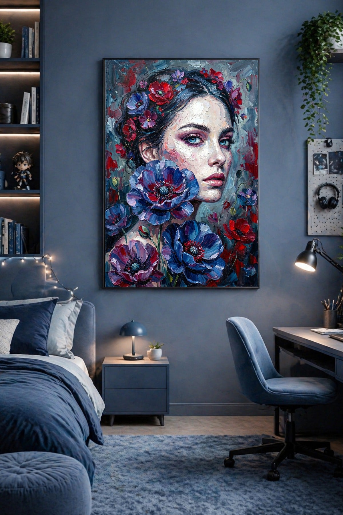 Digitales Frauenporträt mit roten und blauen Blumen als moody Wandbild in einem Schlafzimmer mit Schreibtisch