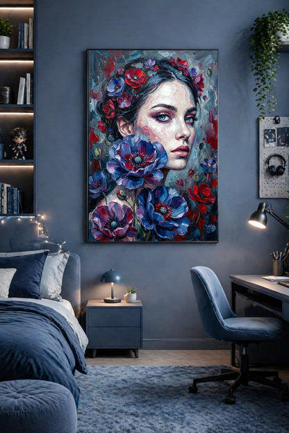 Digitales Frauenporträt mit roten und blauen Blumen als moody Wandbild in einem Schlafzimmer mit Schreibtisch
