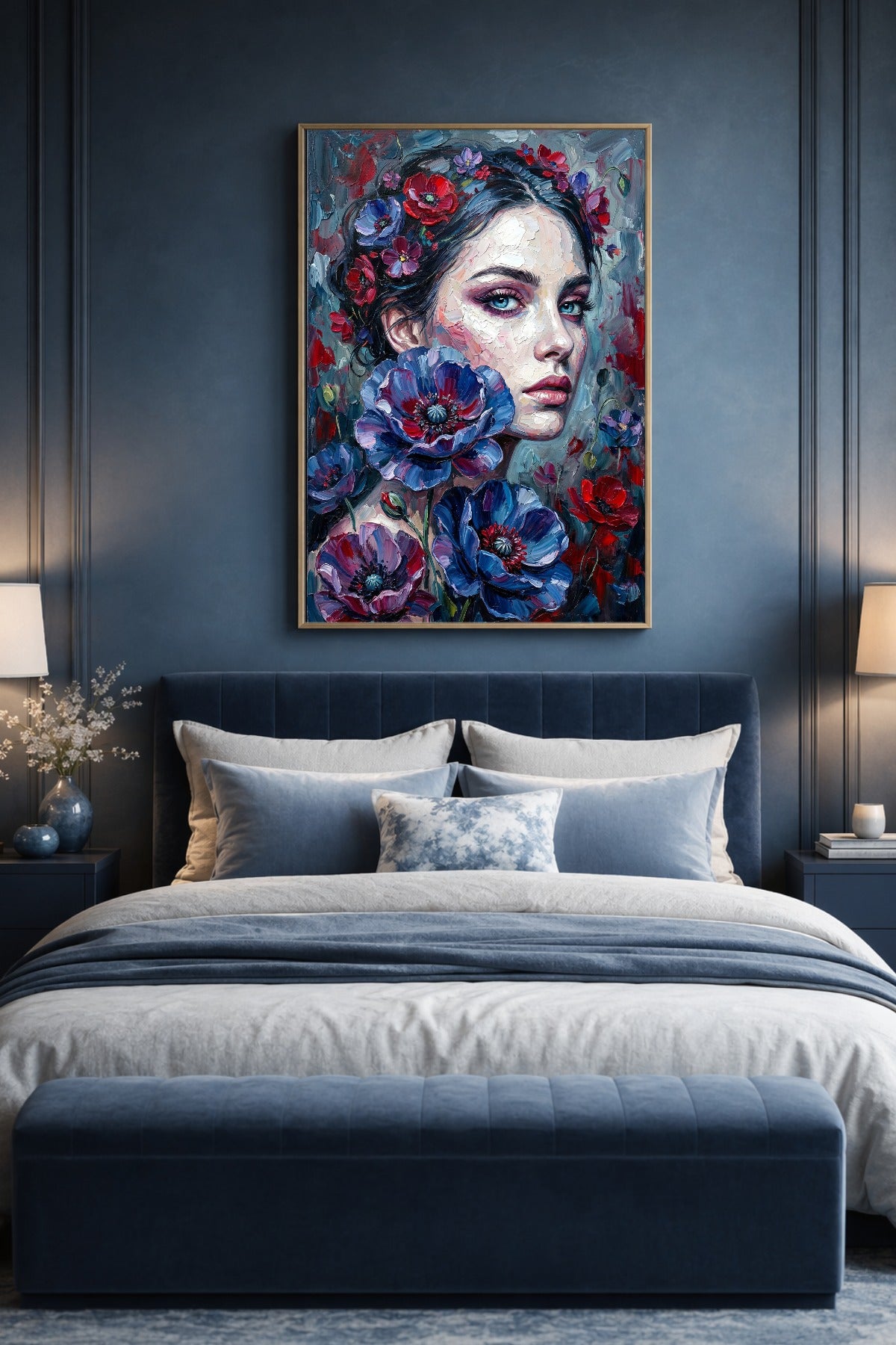 Moody Floral Frauenporträt als digitales Poster mit blauen und roten Blüten über einem Bett in dunkelblauer Einrichtung