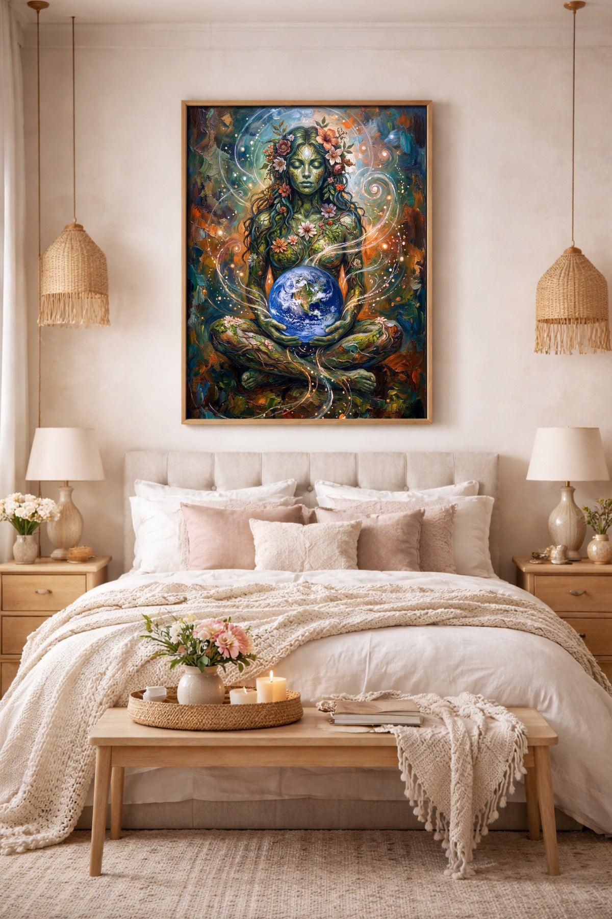 Mutter Erde Poster im hellen Schlafzimmer-Mockup über einem Bett, mit grüner Gaia-Figur, Blumen, Erdkugel und leuchtenden Spiralen.