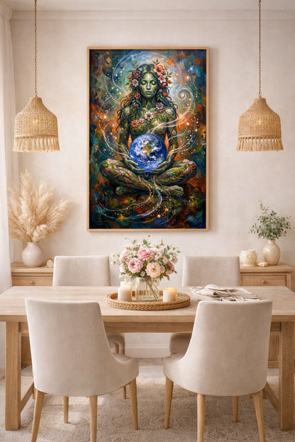 Mystisches Mutter-Erde-Wandbild mit meditierender Göttin, Blumen, leuchtender Weltkugel und feinen Lichtlinien in erdigen Naturfarben. Bild hängt gerahmt in einem Esszimmer.