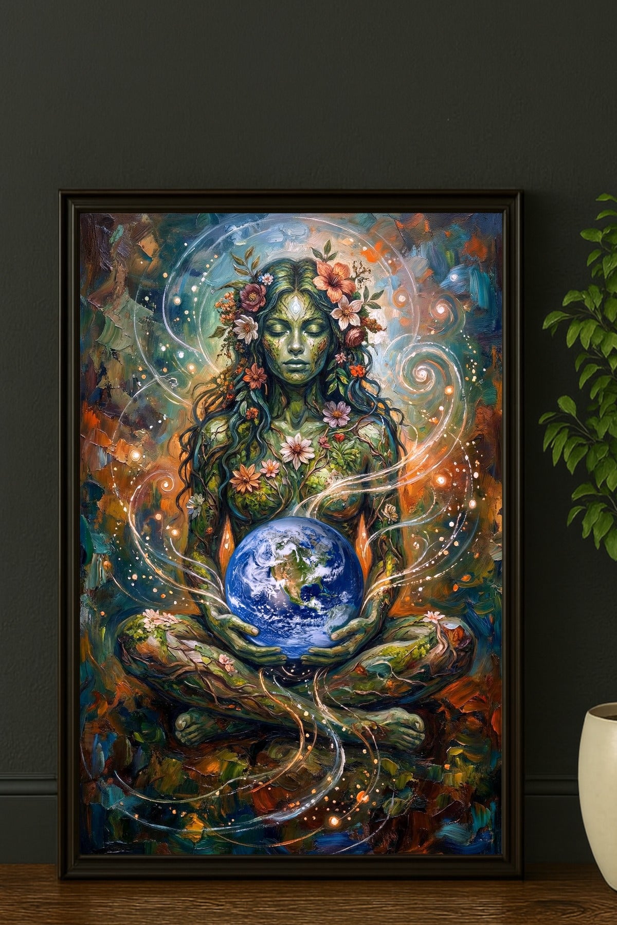 Digitales Mutter-Erde-Poster mit meditierender Naturgöttin, Weltkugel, Blumen und leuchtenden Lichtlinien in Grün, Blau und Erdtönen.