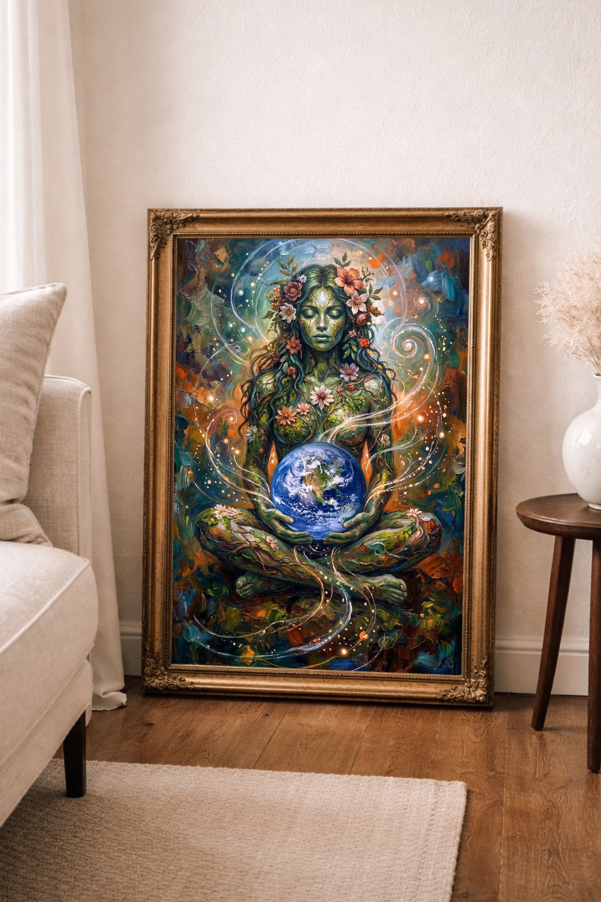 Gaia Poster im goldenen Rahmen auf dem Boden neben Sofa und Beistelltisch, mit grüner Mutter-Erde-Figur, Blumen und leuchtender Erdkugel.