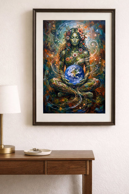 Digitales spirituelles Wandbild mit meditierender Naturgöttin, Mutter Erde, Blumen, Weltkugel und strahlenden Lichtakzenten in Grün und Blau. Bild hängt gerahmt mit Passepartout an einer weißen Wand über einem Tisch.