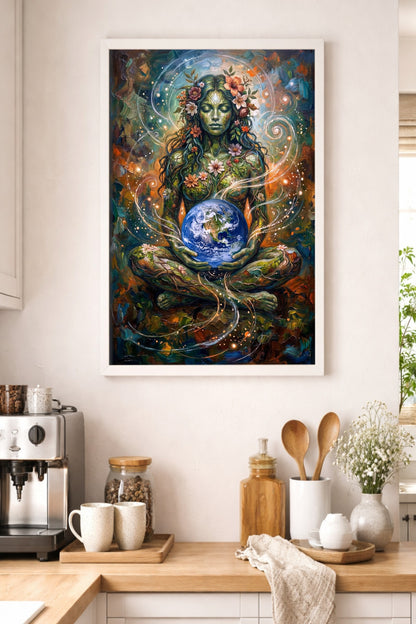 Dekoratives digitales Poster mit Mutter Erde, Naturgöttin in Meditation, Blumenornamenten und leuchtenden Linien in Grün, Blau und Braun. Bild hängt gerahmt in einer Küche an der Wand.