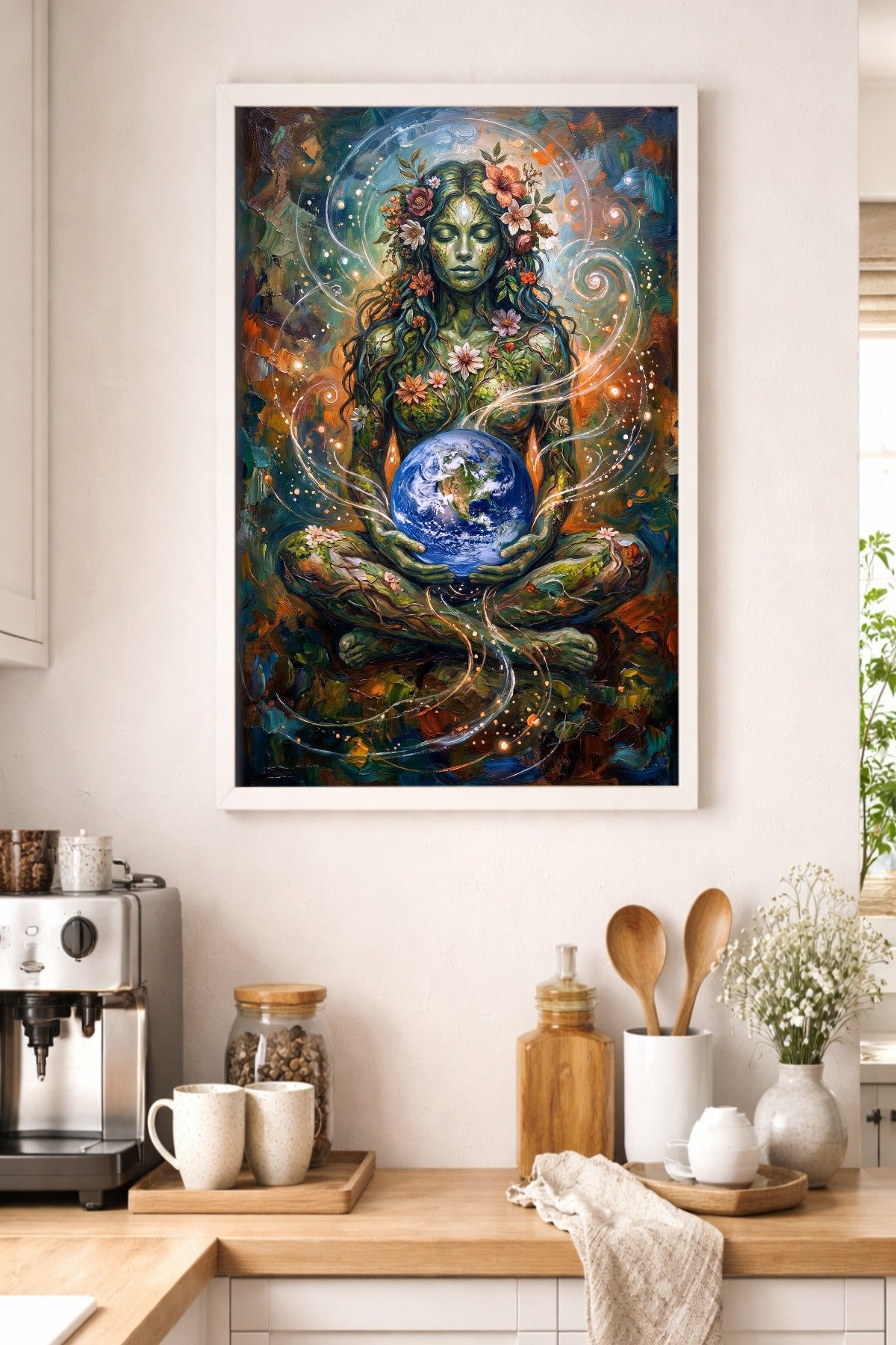 Mutter Erde Poster in heller Küche über Holzarbeitsplatte, mit grüner Erdgöttin, schwebender Erde, Blumen, Lichtspuren und warmen Naturfarben.