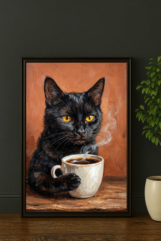 Schwarze Katze mit Kaffee als digitales Poster mit terracottafarbenem Hintergrund und schwarzem Rahmen