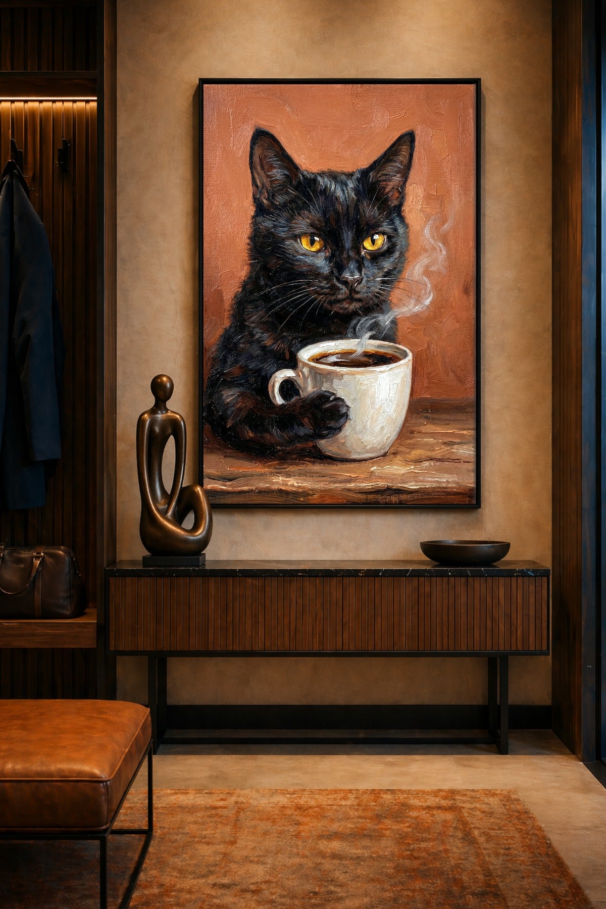 Schwarze Katze mit Kaffeetasse als Wandbild im Flur mit Holzkonsole und warmem Licht
