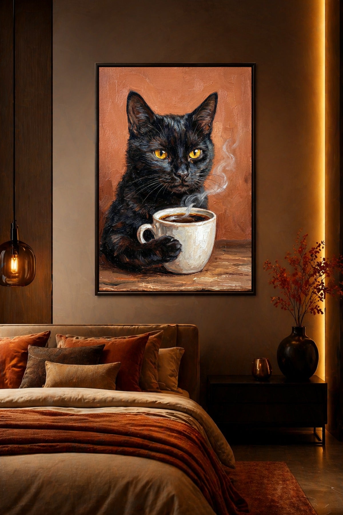 Katzenposter über warmem Bett mit schwarzer Katze, dampfendem Kaffee und orangefarbenen Kissen