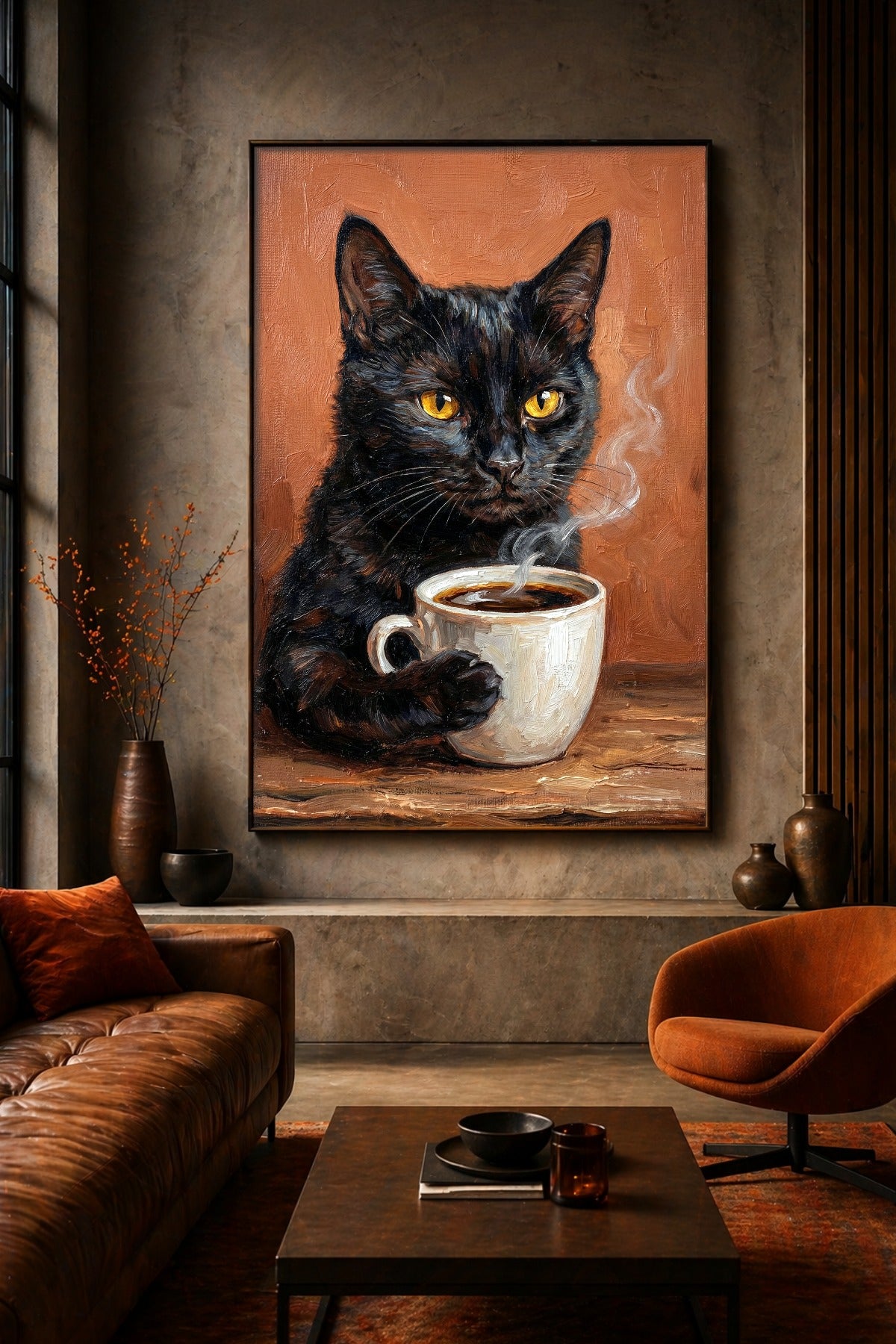 Digitales Poster mit schwarzer Katze und Kaffee im Wohnzimmer mit Ledersofa und warmen Brauntönen