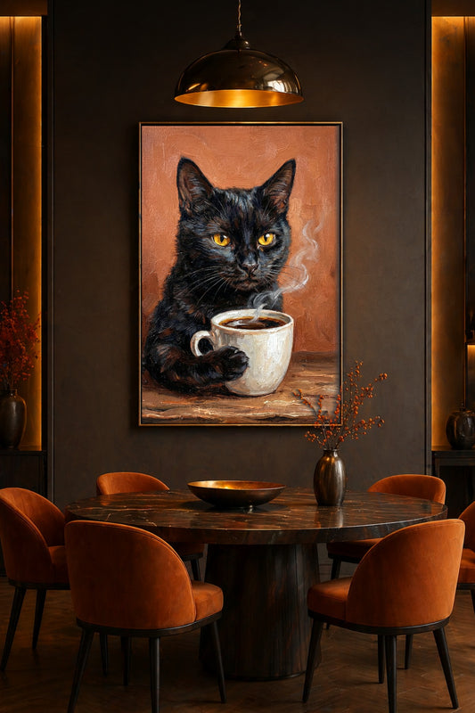 Schwarze Katze mit Kaffee als Wandbild im Esszimmer mit orangefarbenen Stühlen und warmem Licht