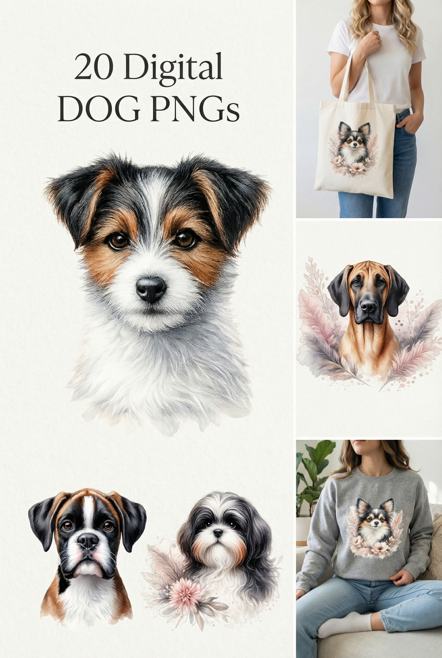 Digitale Hundeillustrationen im Aquarellstil als PNG-Clipart-Set für Print on Demand, kreative Designs, Geschenke und dekorative Projekte.