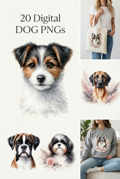 Digitale Hundeillustrationen im Aquarellstil als PNG-Clipart-Set für Print on Demand, kreative Designs, Geschenke und dekorative Projekte.