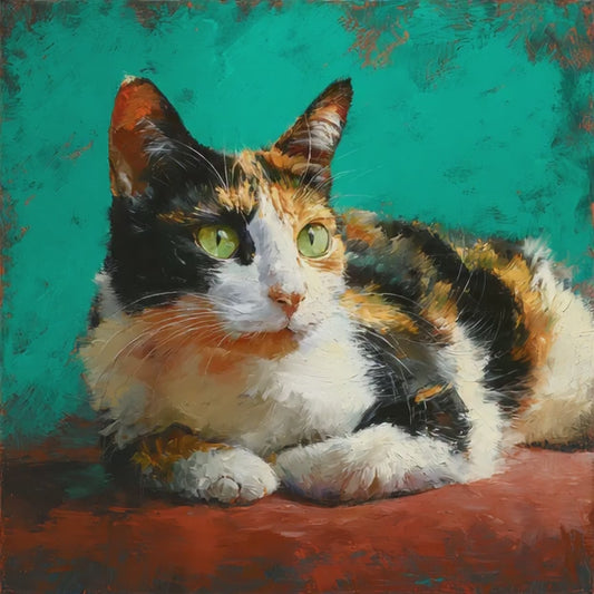Vier Kaliko-Katzen mit grünen Augen auf türkisfarbenem Hintergrund und roter Fläche als ausdrucksstarkes Katzenposter Set im gemalten Stil.
